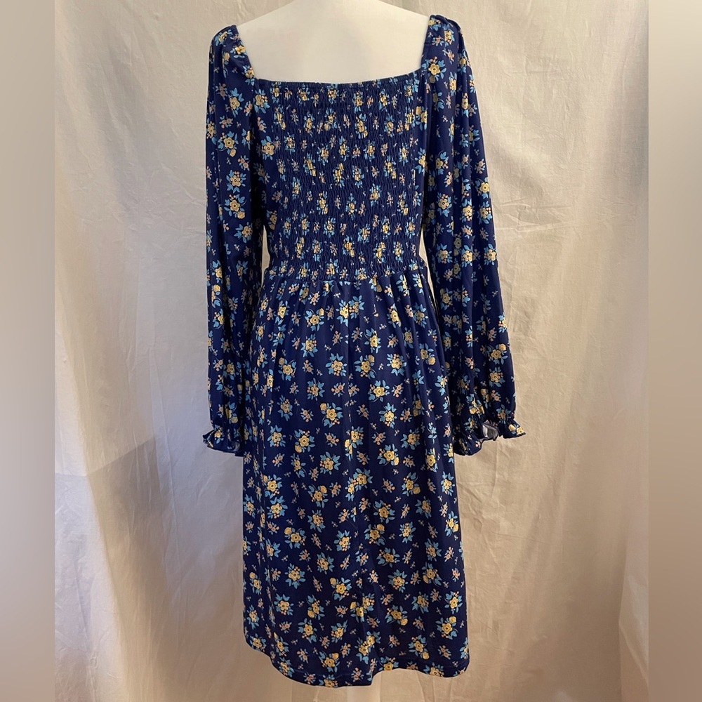 A-line Puff Sleeve Dress Blue Flowery Size XXL - Picture 9 of 13